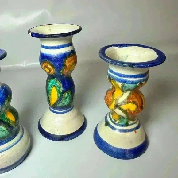 Hand-Painted E. Ortiz Mexican Pottery Candle Holders Mismatched Set Of 4 - Picture 6 of 12